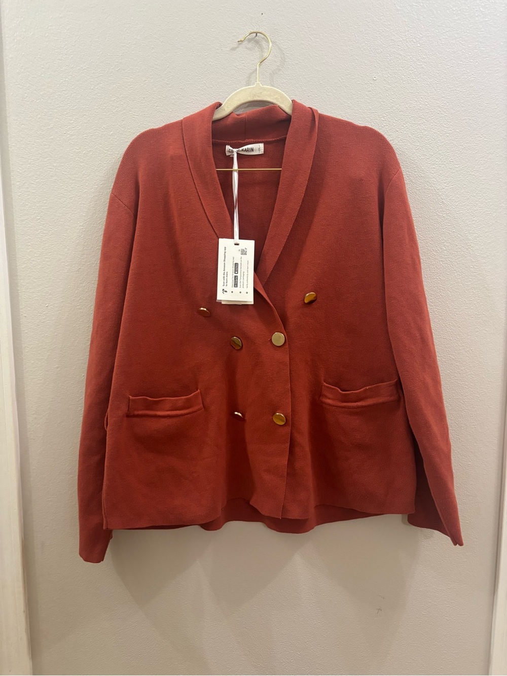 Grace Karin Double-Breasted Rust Orange Blazer with Gold Buttons